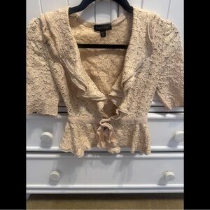 Bebe Beige Lace Ruffle Tied Blouse